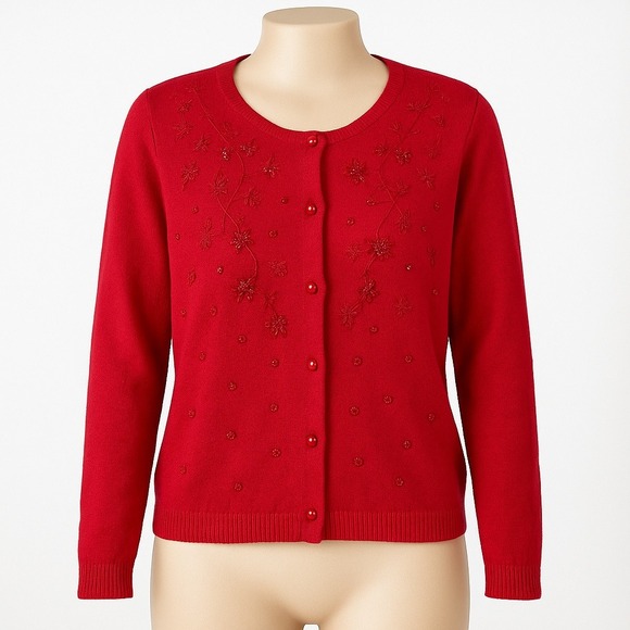 Requirements Sweaters - Vintage Y2K Floral Beaded Button Cardigan Size L Red Embellished Coquette Granny